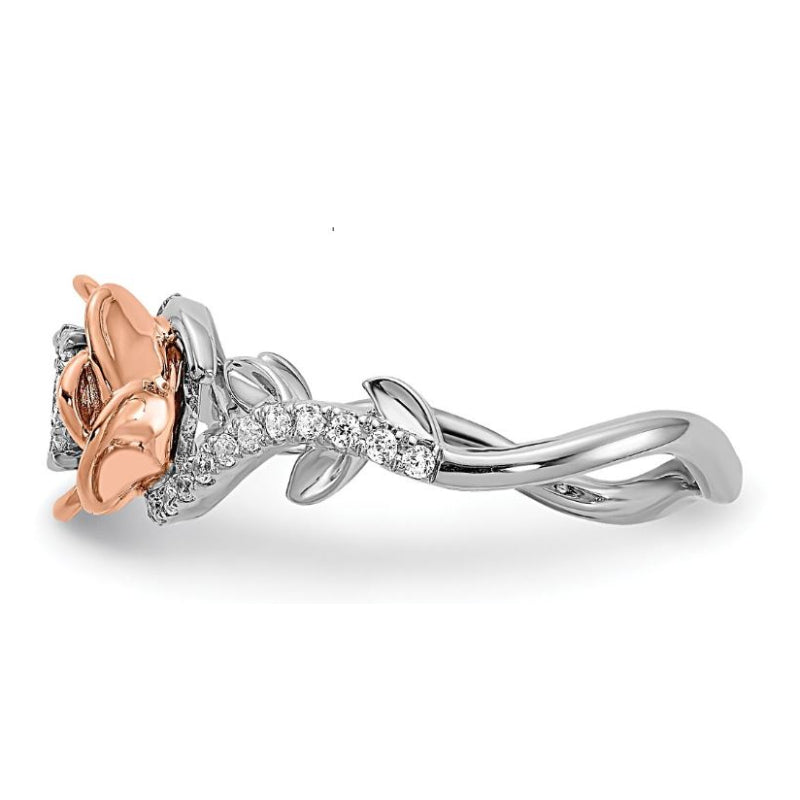 14k Two-Tone Diamond Rose Flower Ring - White and Rose Gold (Size 7)