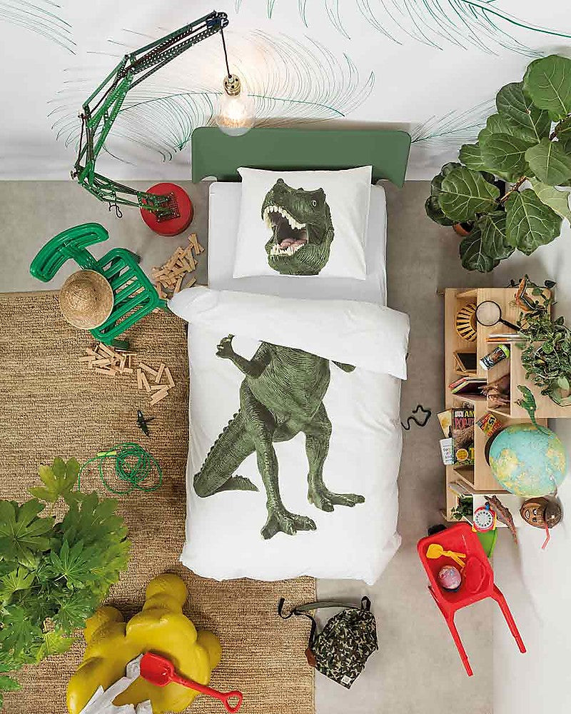 Snurk Queen Size 3-Piece Dinosaur Duvet Cover Set - White/Green