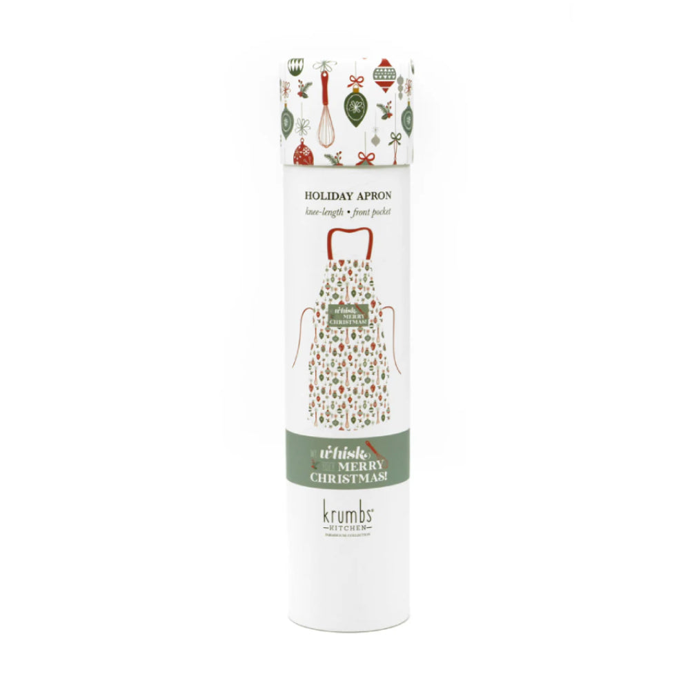 Delantal navideño con texto en inglés "Eat Drink and Be Merry" de Krumbs Kitchen, color negro y rojo