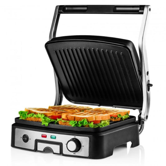 Ovente GP1861BR 4-Slice Electric Panini Grill with Double-Sided Non-Stick Plates - Silver