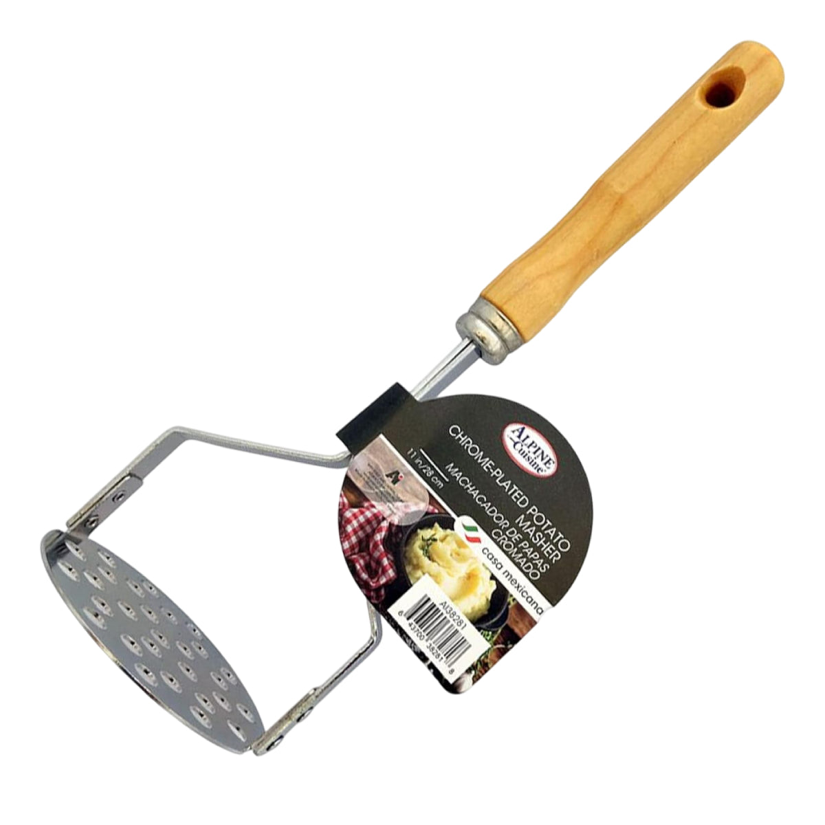 Alpine Cuisine 11" Plate Potato Masher with Bamboo Wood Handle - Brown/Silver