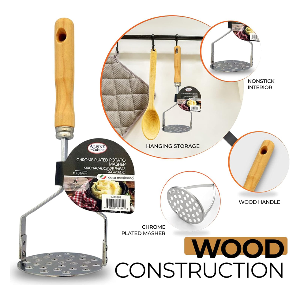 Alpine Cuisine 11" Plate Potato Masher with Bamboo Wood Handle - Brown/Silver