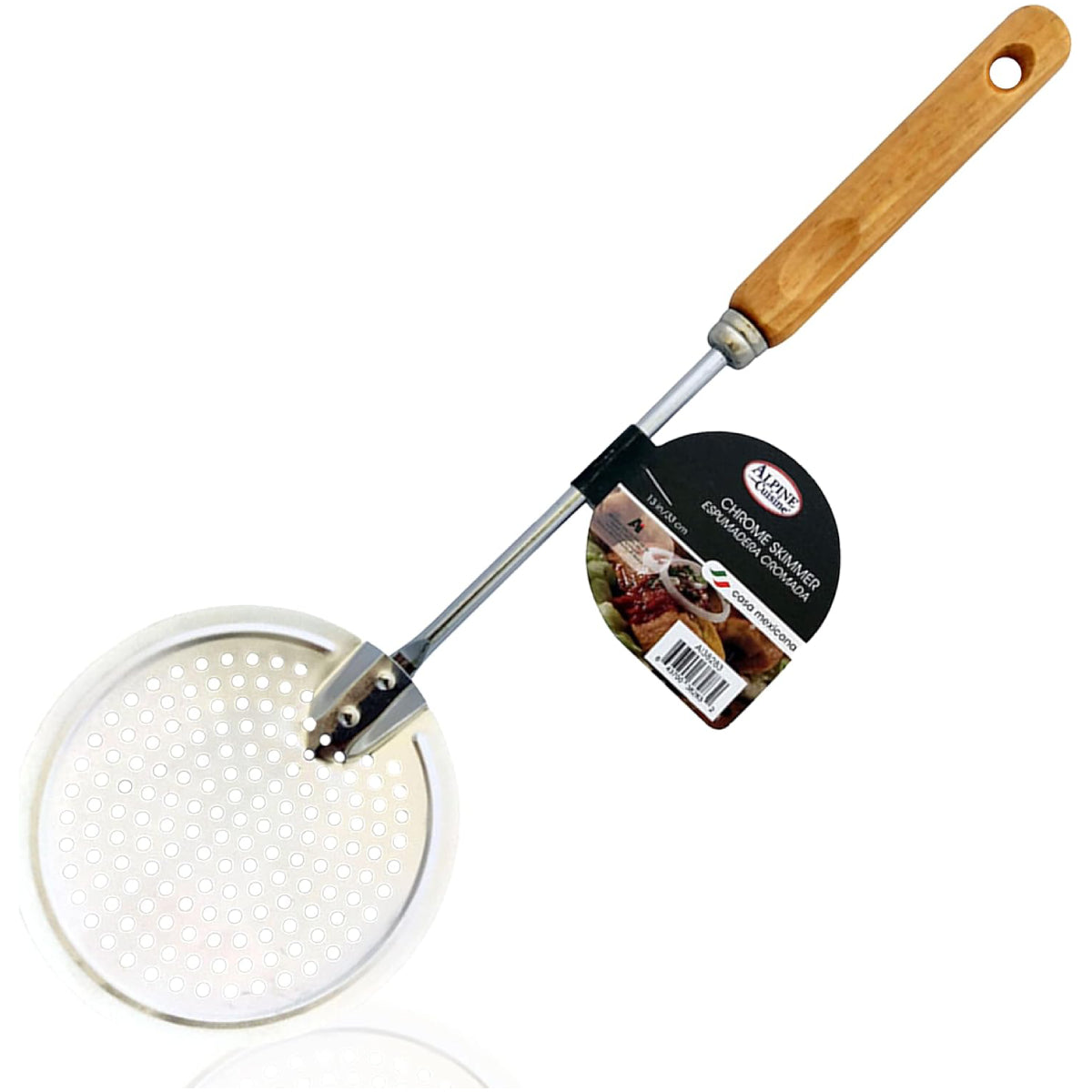 Alpine Cuisine 13" Skimmer Spoon with Ergonomic Wooden Handle - Brown/Silver