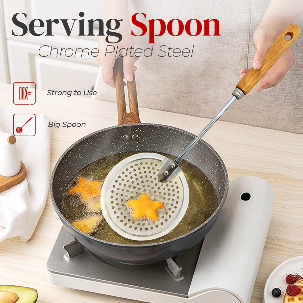 Alpine Cuisine 13" Skimmer Spoon with Ergonomic Wooden Handle - Brown/Silver