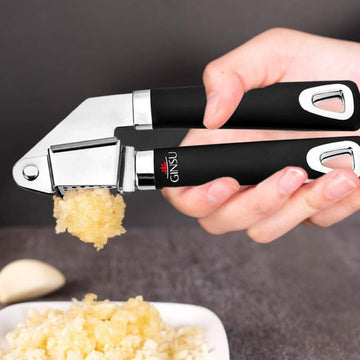 Ginsu 7.5" Professional Garlic Press with Handle - Black/Silver