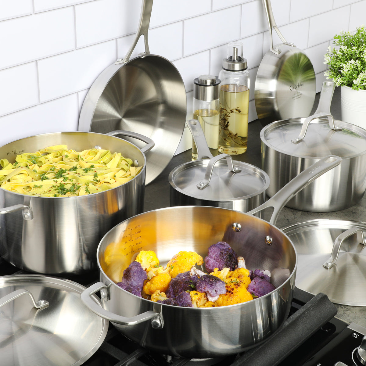 Gibson Sur La Table Pike and Pine Triply Cookware Set with Stainless Steel Lids (10-Piece) - Silver