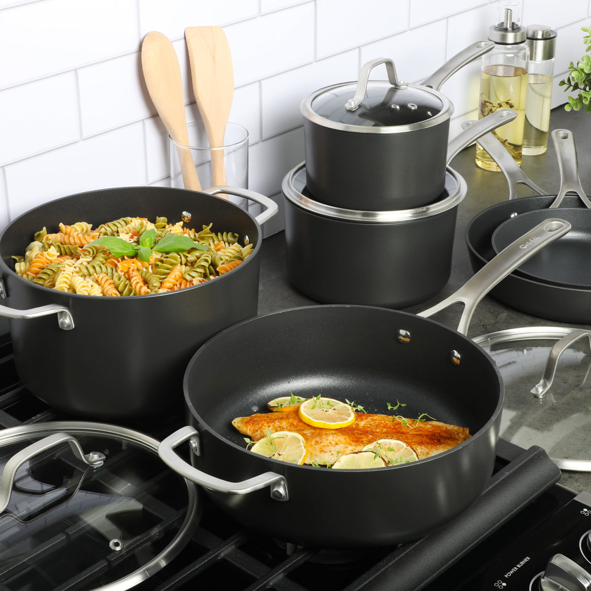 Gibson Sur La Table Nonstick Cookware Set with Glass Lids - Black
