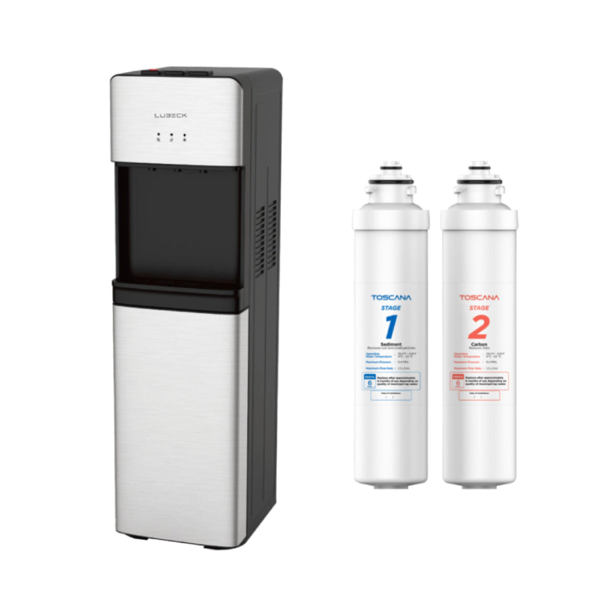 Bundle: Lubeck Bottleless Water-Cooler Dispenser with 2 Water filter + Stage 1,2 PP Fibre and Pre-Active Water Filters