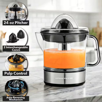 Ovente 24 fl. oz Electric Citrus Juicer Machine with 2 Cones - Black