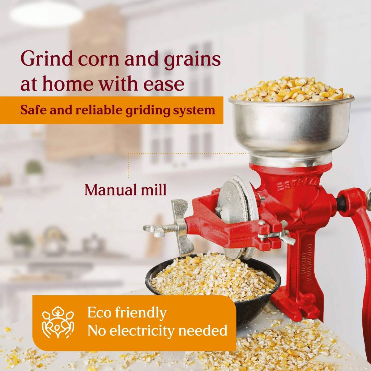 Estrella Molino Corn Grinder with Hopper - Red