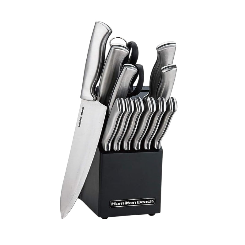 Hamilton Beach Cutlery Set with Wood Holder (14-Piece) - Silver/Black