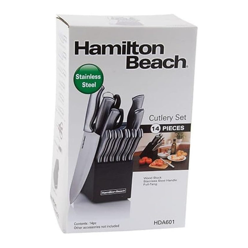 Hamilton Beach Cutlery Set with Wood Holder (14-Piece) - Silver/Black