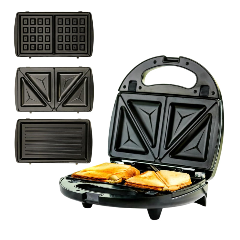 Ovente GPI202B 3-in-1 Electric Sandwich Maker with Non-Stick Waffle Grill Plates - Black