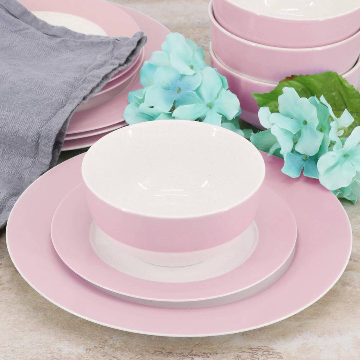 Martha Stewart Banded Dinnerware Set (12-Piece) - Pink/White