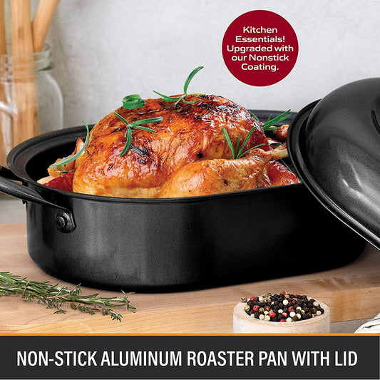 Granitestone Diamond 18.8" Aluminum Non-Stick Radical Roaster Pan with Lid - Black