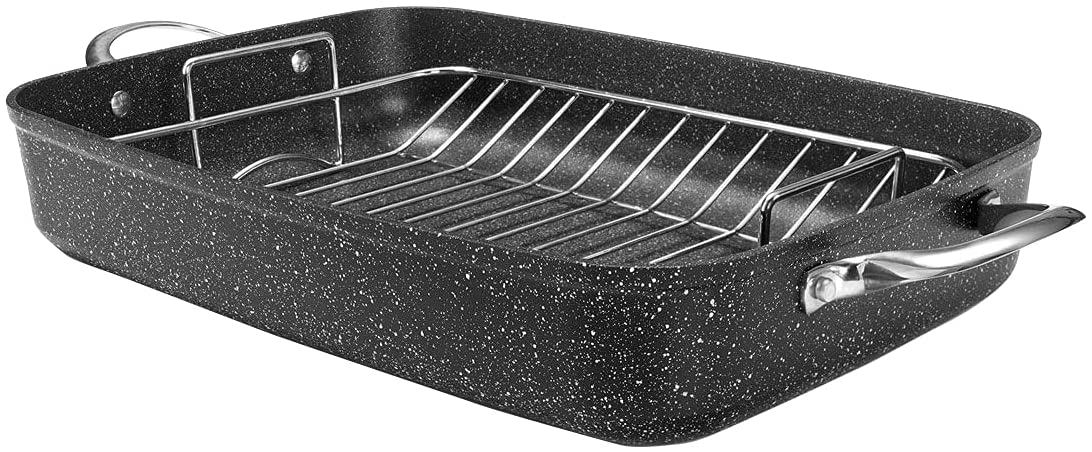 Starfrit The Rock 12" x 17" Roaster Pan with Rack and Stainless Steel Handles - Black