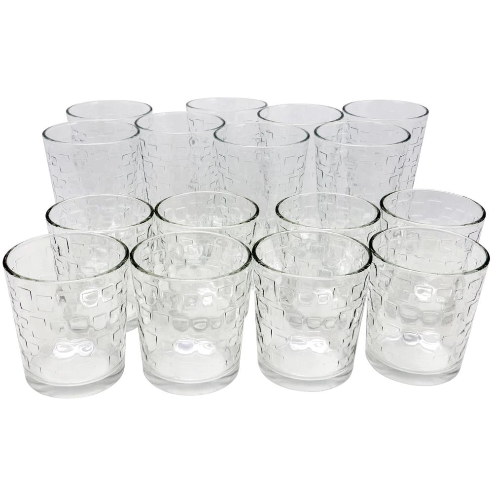 Juego de vasos de vidrio con diseño cuadrado en relieve de Gibson Home Great Foundations (16 piezas)