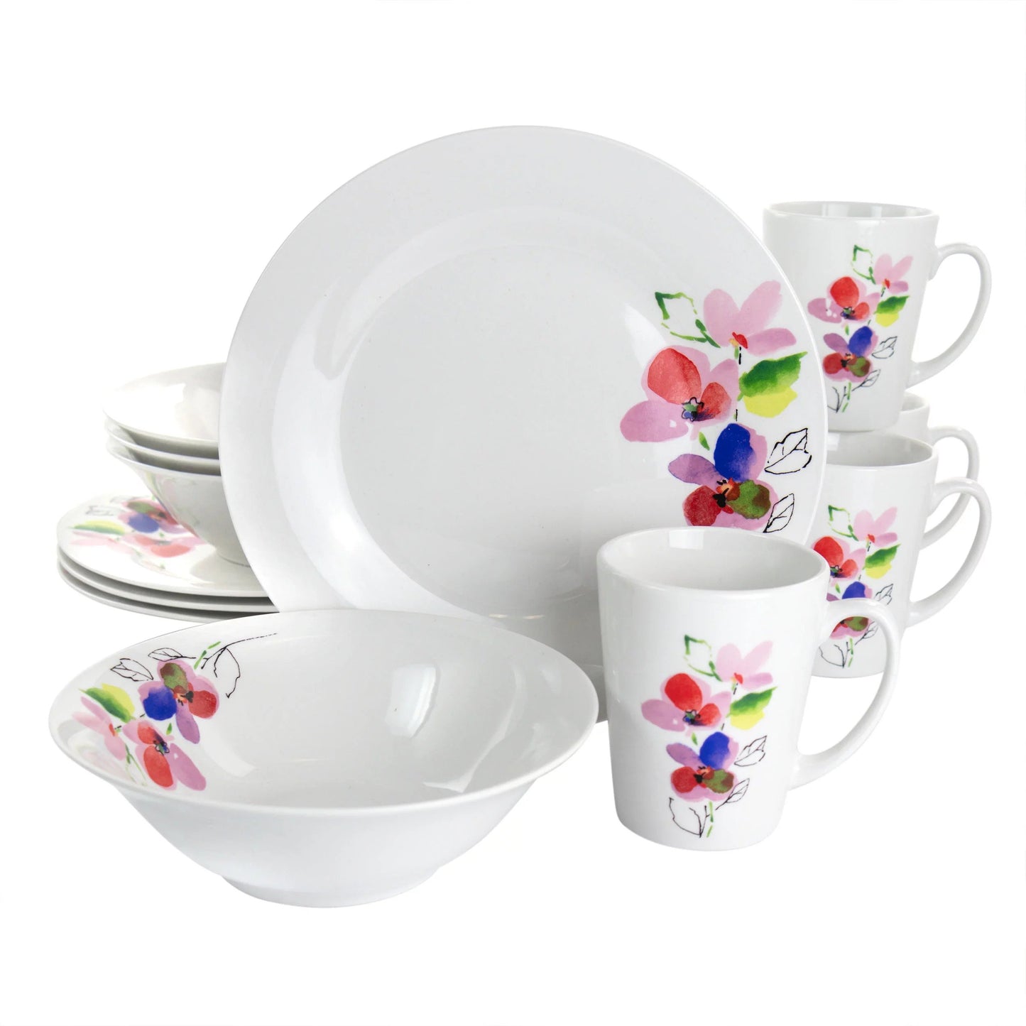 Gibson Home Vineyard Rose Round Ceramic Dinnerware Set (12-piece) - White