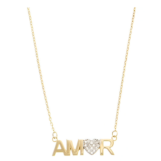 14K Women's 17" Cubic Zirconia AMOR Heart Necklace in 14K Yellow Gold