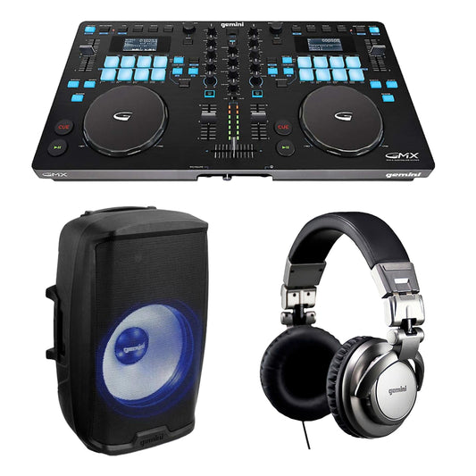 Paquete: Sistema controlador multimedia Gemini GMX + Auriculares profesionales con cable para DJ Gemini DJX-500 + Altavoz Bluetooth activo multi LED de 15" y 2000 W Gemini AS-2115BT-LT-PK con soporte y micrófono con cable