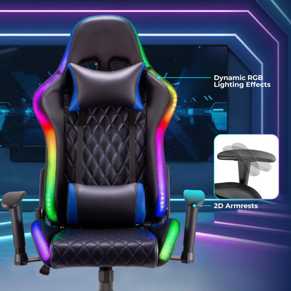 Black Widow Diamond Quilted PU Gaming Chair with Headrest and RGB Lights - Black