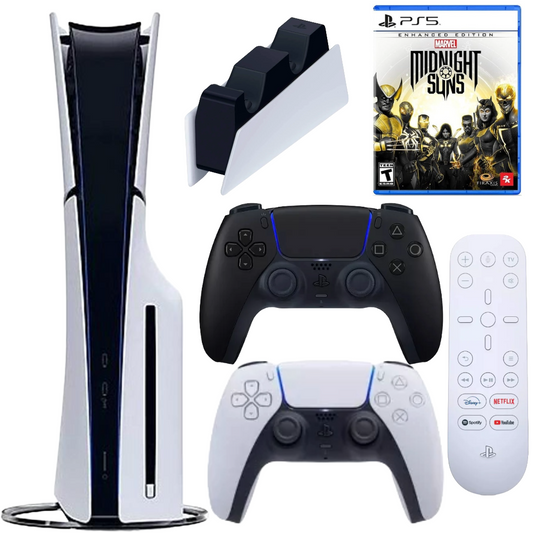 Bundle: Sony PlayStation 5 Slim Console + Midnight DualSense Wireless Controller + Media Remote + DualSense 2-Bay Charging Station + Marvel's Midnight Suns Enhanced Edition