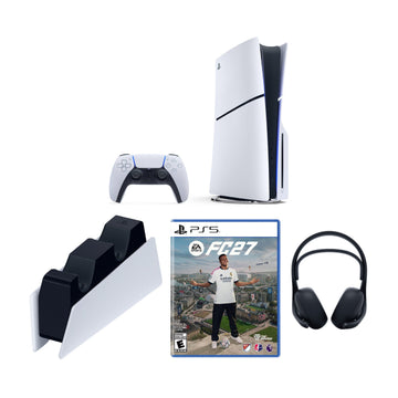 Bundle: PlayStation 5 Slim 1TB 4K Gaming Console with Wireless Controller + Sony PlayStation Pulse Elite Wireless Over-the-Ear Gaming Headset + EA Sports FC 27 +  Sony DualSense 2-Bay Charging Station - White/Black