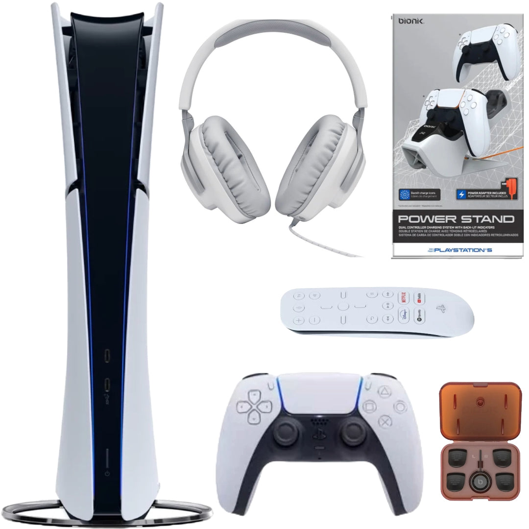 Bundle: Sony PlayStation 5 Digital Edition Console + JBL Quantum 100X Wired Over-the-Ear Gaming Headset + Bionik Power Stand + Sony Media Remote +  Bionik Quick Shot Pro