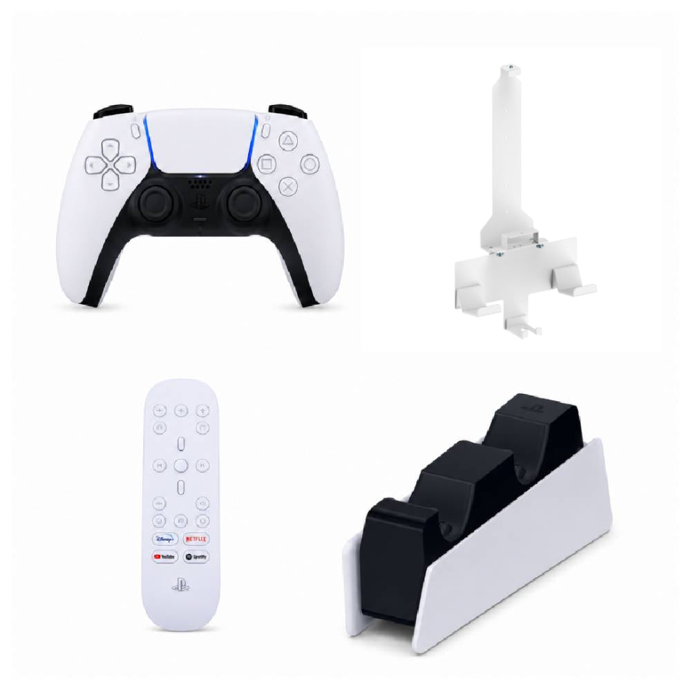Bundle: Sony DualSense Wireless Controller for PlayStation 5 + Lumi Wall Mounts with Controller and Headphone Holders + Sony Media Remote + DualSense 2-Bay Charging Station - White
