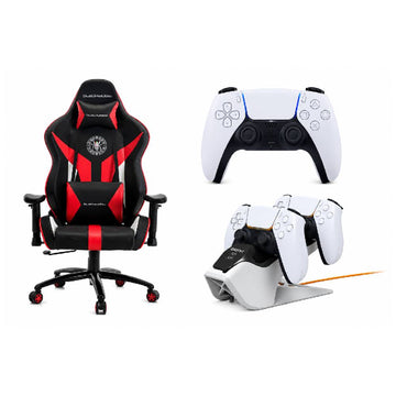 Bundle: Black Widow Gaming Chair with Back Support Pillow - Red + Sony DualSense Wireless Controller for PlayStation 5 - White + Bionik Power Stand for PlayStation 5 - White