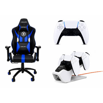 Bundle: Black Widow Gaming Chair with Back Support Pillow - Blue + Sony DualSense Wireless Controller for PlayStation 5 - White + Bionik Power Stand for PlayStation 5 - White