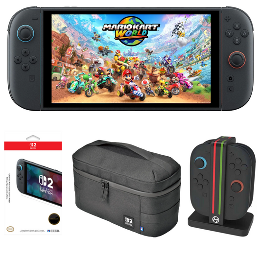 Bundle: Nintendo Switch 2 with Mario Kart World Bundle + Hori Ultimate Anti-Glare Screen Filter + Hyperkin Power Spire Joy-Con Charging Dock + Hori Compact Carry All Travel Bag