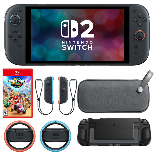 Bundle: Nintendo Switch 2 + Switch 2 Joy-Con 2 Wheel Set + Switch 2 Joy-Cons + Spigen Klasden Pouch + Spigen Dual Grip + Mario Kart World