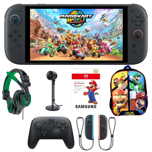 Bundle: Nintendo Switch 2 Mario Kart World Bundle + Switch 2 Pro Controller + Switch 2 Camera + Samsung 256GB microSD Express Card + Super Mario Bros 16" Backpack + Switch 2 Joy-Con