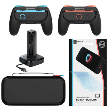 Bundle: Hyperkin Hard Shell Carrying Case + Hyperkin Screen Protector  + Hyperkin Pro Handle Attachment + DreamGear Power Quad Port Charging Dock