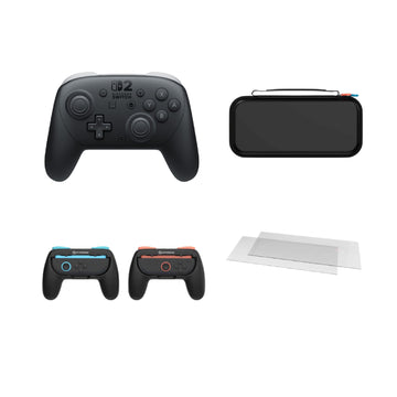 Bundle: Nintendo Switch 2 Pro Controller - Black/Gray + Hyperkin Hard Shell Carrying Case - Black + Hyperkin Pro Handle Attachment (2 Pieces) - Black + Hyperkin Screen Protector (2 Pieces) for Nintendo Switch  - Clear