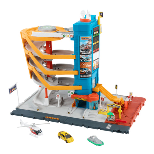 Matchbox Action Drivers Transportation Center Playset with 1:64 Scale Taxi, Boat and Helicopter Plus a Food Vendor Accessories.