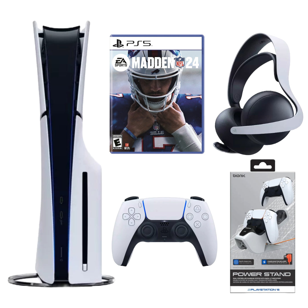 Bundle: Sony PlayStation 5 Slim Console + Madden NFL 24 + Bionik Power Stand + Sony Pulse Elite Wireless Headset