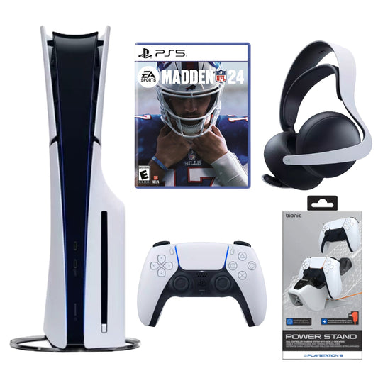 Paquete: consola Sony PlayStation 5 Slim + Madden NFL 24 + soporte Bionik Power + auriculares inalámbricos Sony Pulse Elite