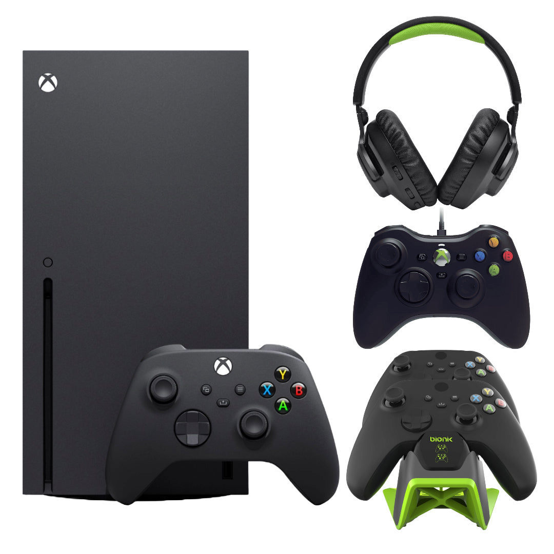 Microsoft - Consola Xbox Series X de 1 TB - Negra + Auriculares para juegos JBL Quantum 360X - Negro + Soporte de alimentación Bionik para Xbox Series X/S - Negro + Controlador con cable Hyperkin Xenon con conector para auriculares - Negro