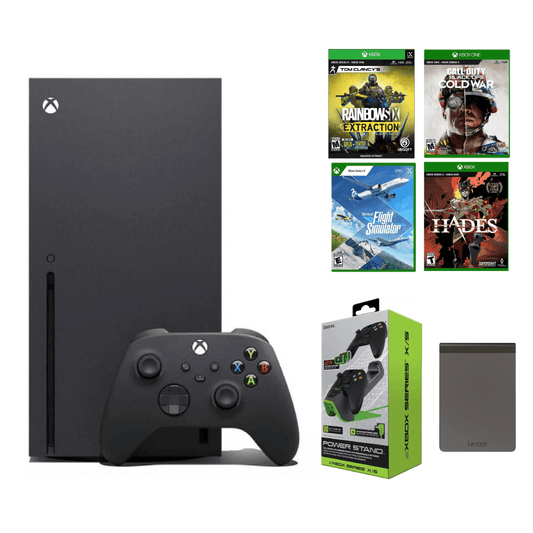 PAQUETE XBOX SERIES X: CONSOLA + 4 JUEGOS + SD 512 GB + BASE DE ALIMENTACIÓN