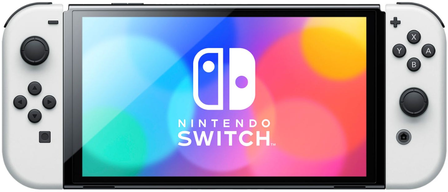 Consola Nintendo Switch OLED blanca + Joy-Con (LR) de Switch rojo neón/azul neón + Estuche de transporte OLED de Switch + Paquete Kirby y la Tierra Olvidada de Switch