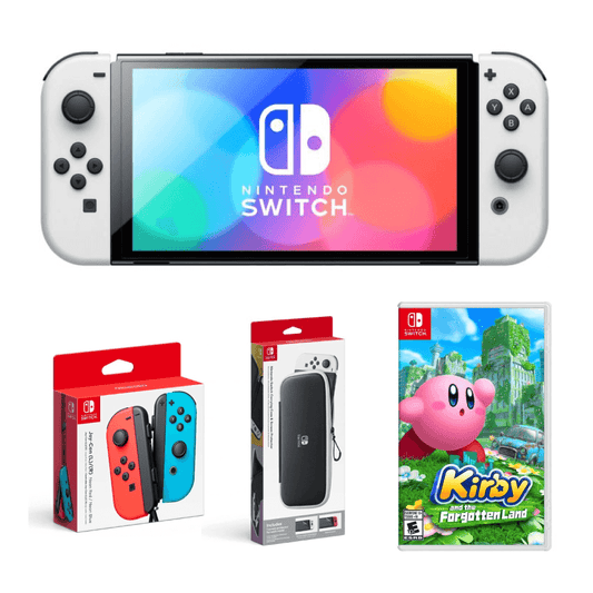 Consola Nintendo Switch OLED blanca + Joy-Con (LR) de Switch rojo neón/azul neón + Estuche de transporte OLED de Switch + Paquete Kirby y la Tierra Olvidada de Switch