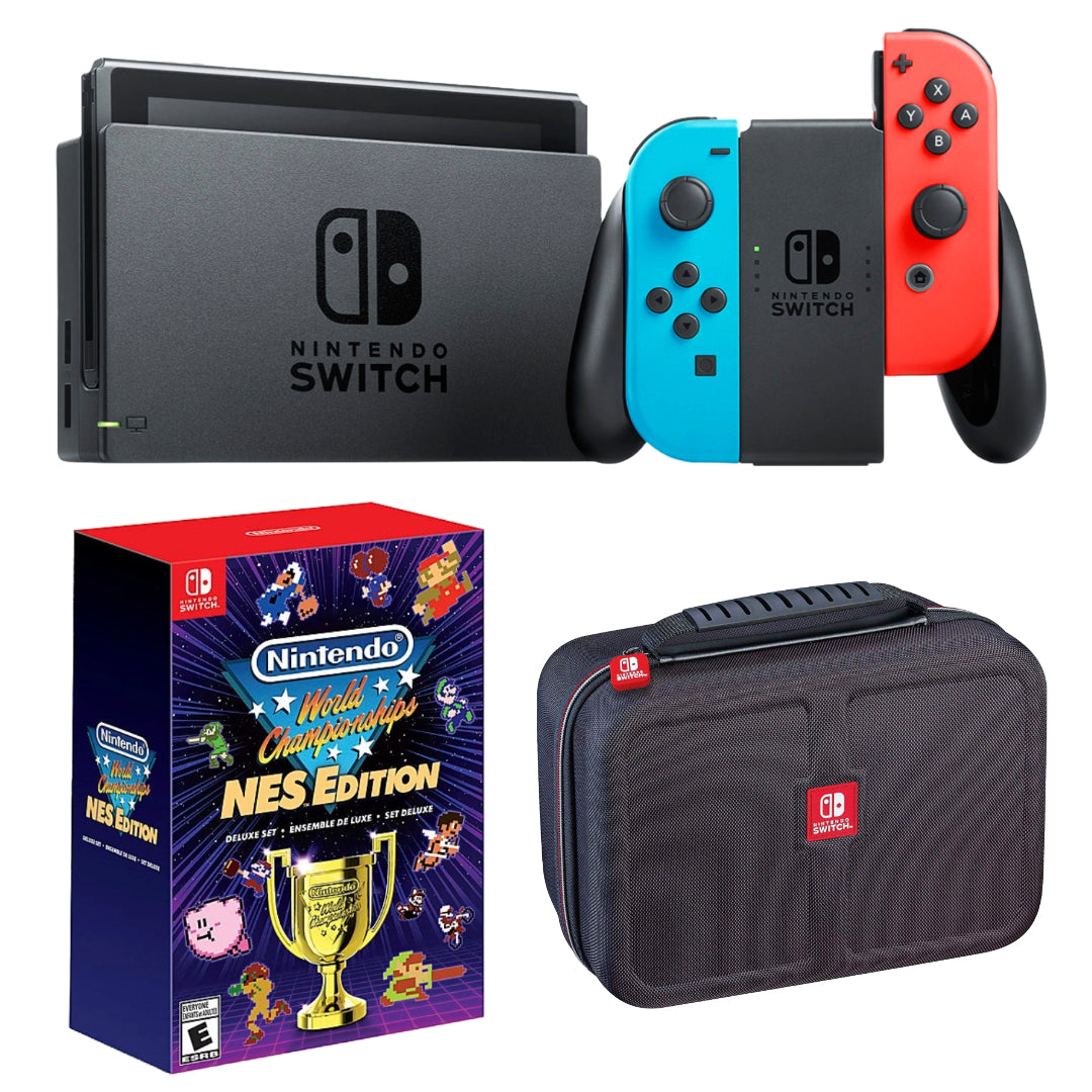 Paquete: Nintendo Switch Neon Joy-Con con Mario Kart 8 Deluxe + Nintendo World Championships NES Edition Deluxe Set + Estuche de consola RDS Industries Deluxe