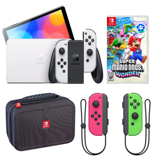 Paquete de Nintendo: consola Nintendo Switch OLED (blanca) + Super Mario Bros. Wonder + estuche de lujo RDS Industries de 12" para Nintendo Switch (negro) + Switch con Joy-Con rojo y azul neón