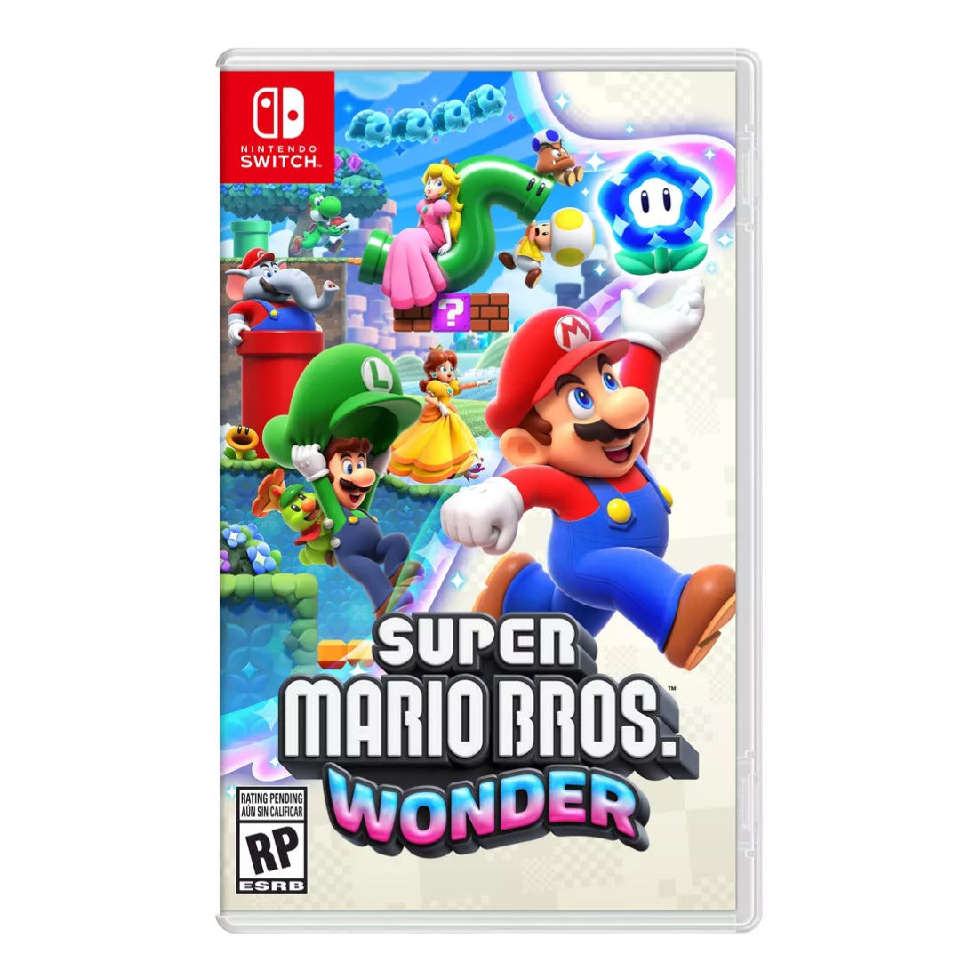 Paquete de Nintendo: consola Nintendo Switch OLED (blanca) + Super Mario Bros. Wonder + estuche de lujo RDS Industries de 12" para Nintendo Switch (negro) + Switch con Joy-Con rojo y azul neón