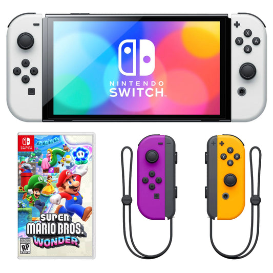 Nintendo Bundle: Switch OLED Console - White + Super Mario Bros. Wonder + Switch Joy-Con Controllers - Neon Purple/Neon Orange