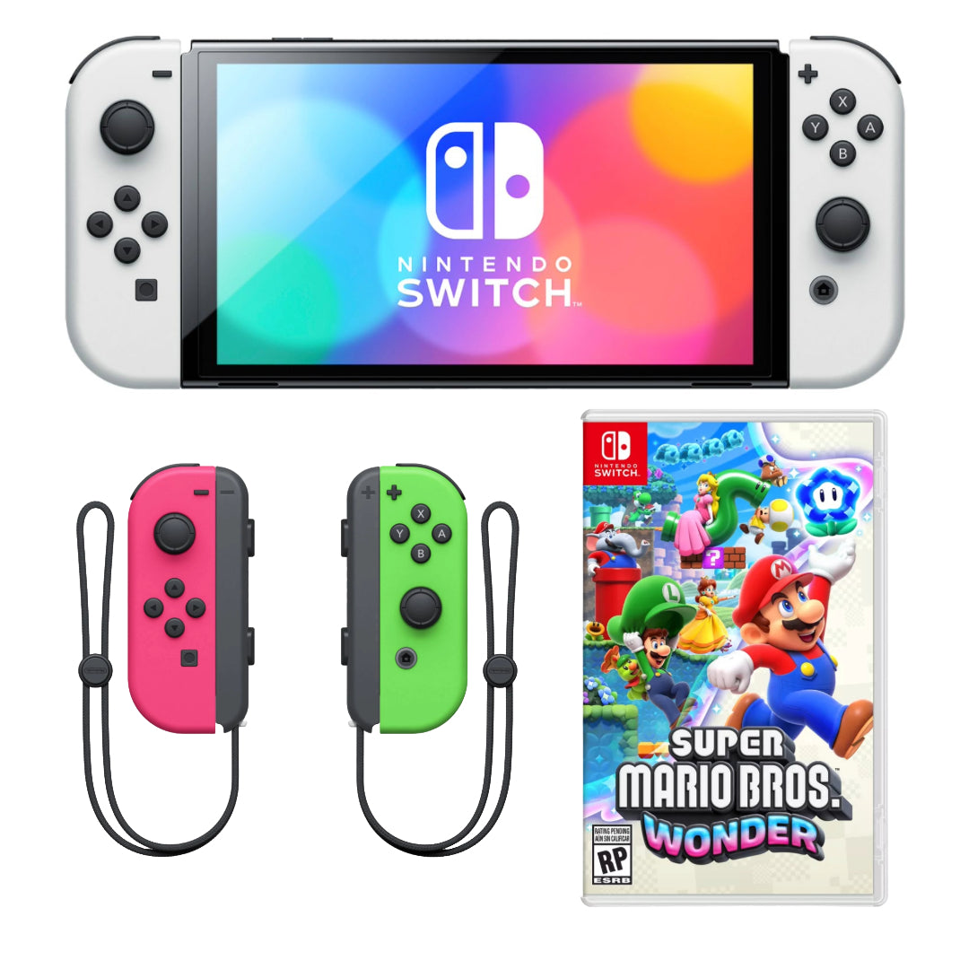 Paquete Nintendo Switch: consola Switch OLED (blanca) + control inalámbrico Joy-Con L/R (rosa neón/verde neón) + Super Mario Bros. Wonder