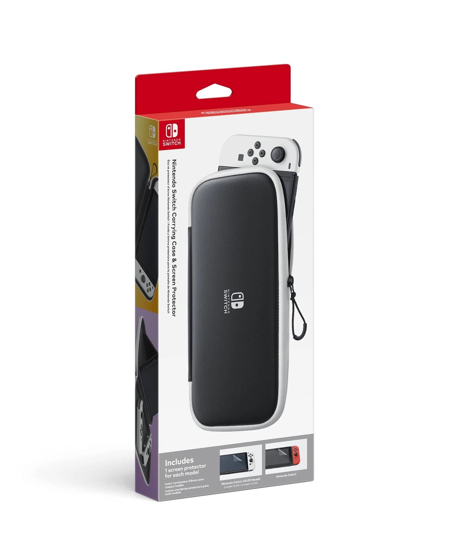 Consola Nintendo Switch OLED blanca + Joy-Con (LR) de Switch rojo neón/azul neón + Estuche de transporte OLED de Switch + Paquete Kirby y la Tierra Olvidada de Switch