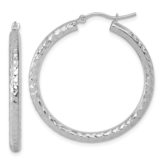14K Leslie's Women's 3mm Diamond-Cut Hoop Earrings in Rhodium Plating-over 14K White Gold